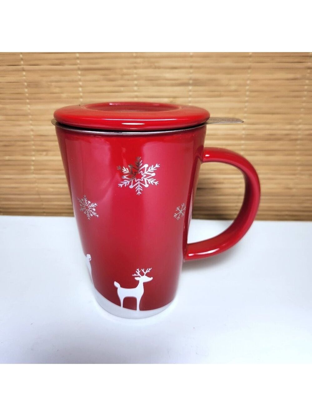 David’s Tea The Perfect Mug Reindeer and Snowflakes with Lid and Infuser Clean